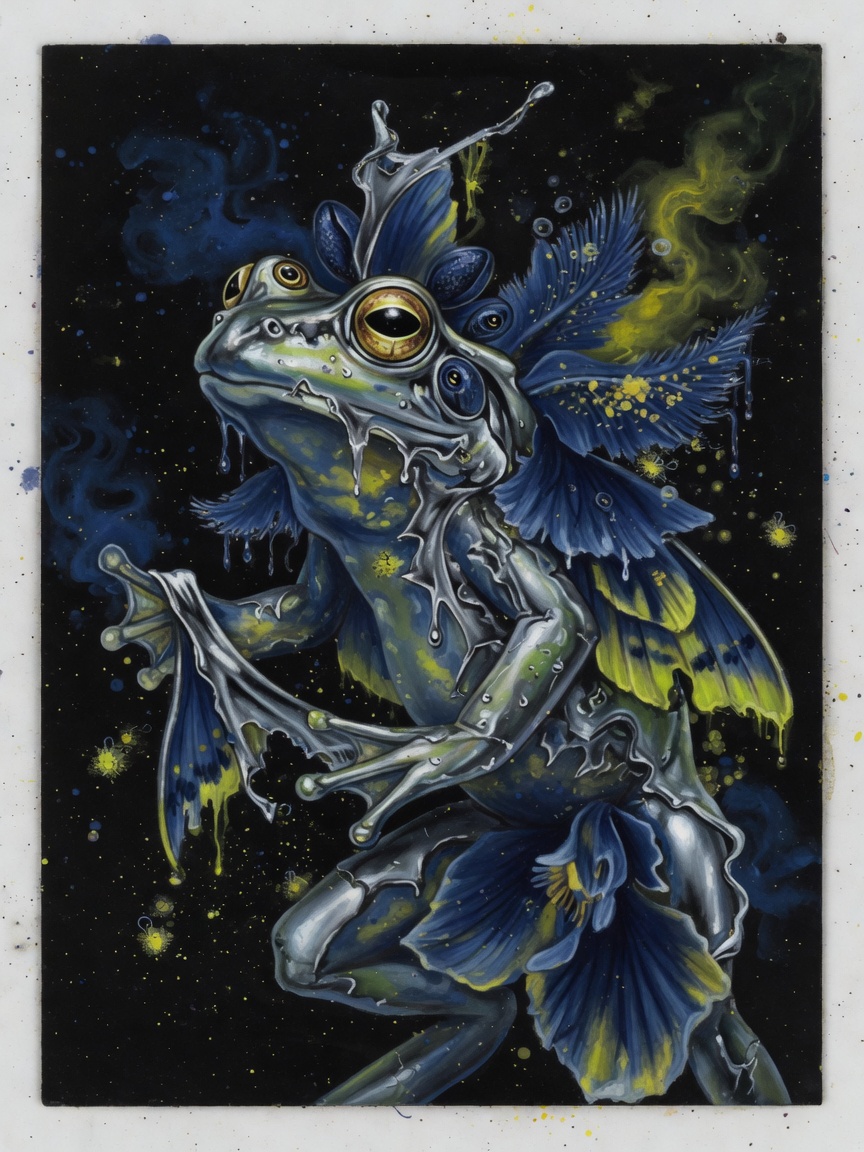 Chrome frog fused with orchid-moth wings, shedding magenta and venom-yellow skins