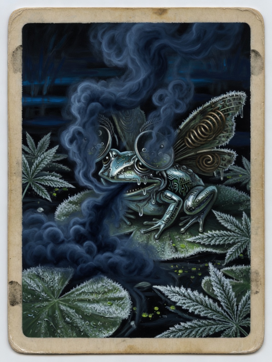 Moth-frog with satellite-dish eyes exhaling dark blue smoke over trichome-frosted lily pads and cannabis leaves